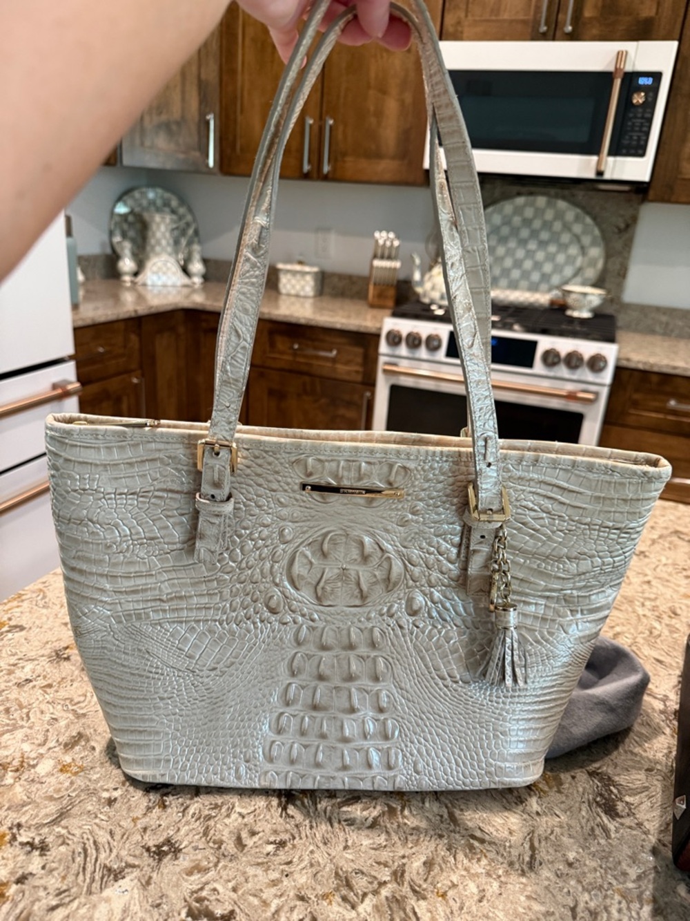 Brahmin Metallic Croc-Embossed Tote in cream